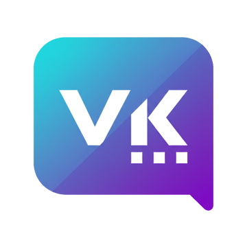 このロゴは、角が丸い正方形をベースにした右下にツノがある吹き出しのデザインで、背景は左上の鮮やかな水色から右下の深いバイオレットへと斜めに変化する美しいグラデーションで彩られています。中央には白く太いサンセリフ体の「V」と「K」が密着して配置されており、「K」の左側の縦棒を「V」の右側のラインと共有することで一つの合字のような形を成しています。さらに「K」の右下部分には、キーボードのキーや入力を象徴するような白い3つの小さな四角いドットが横に並んでおり、チャットツールとしての機能性とスタイリッシュな躍動感を同時に表現しています。